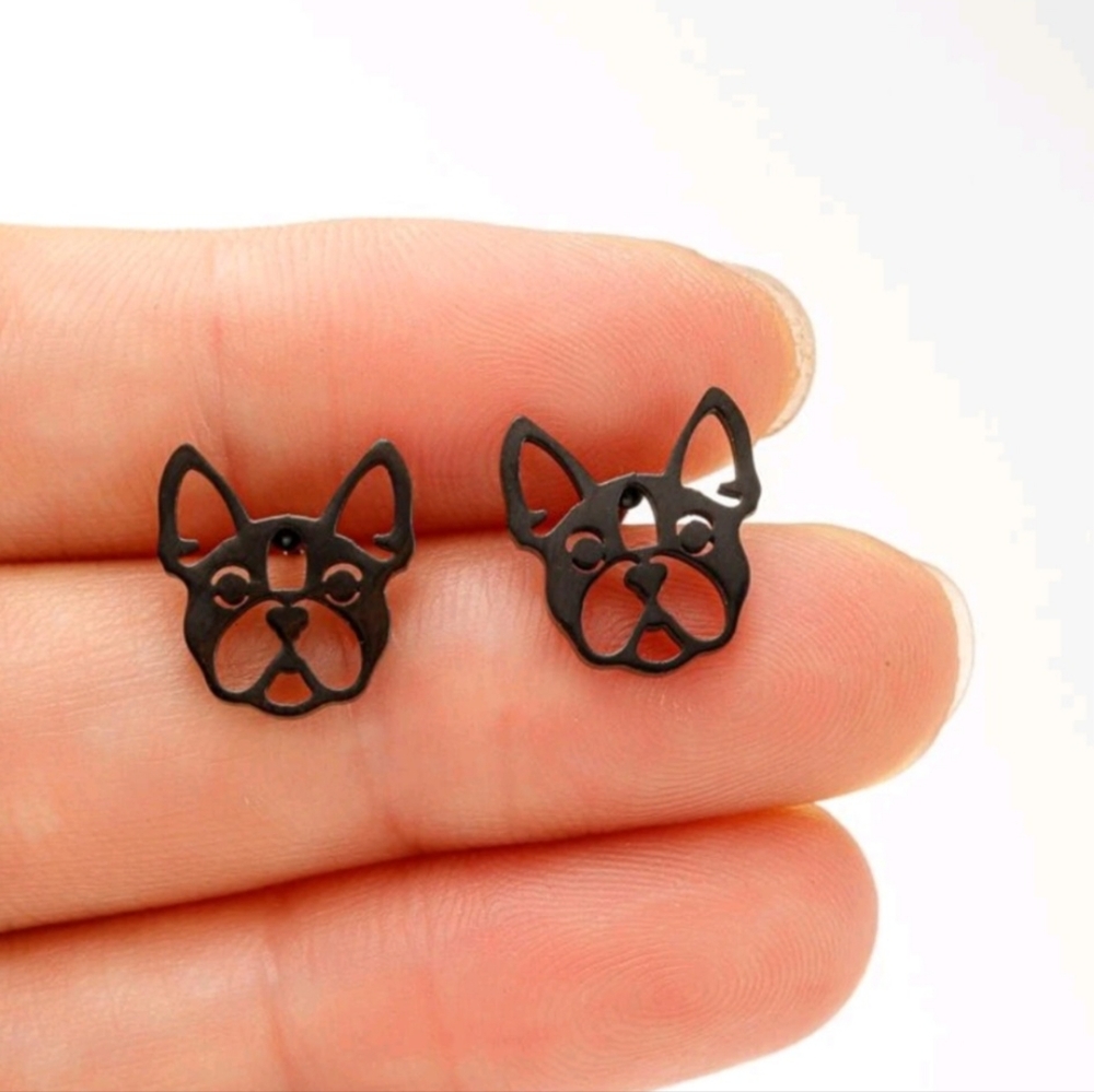 Black Dainty Boston Terrier Stud Earrings New!